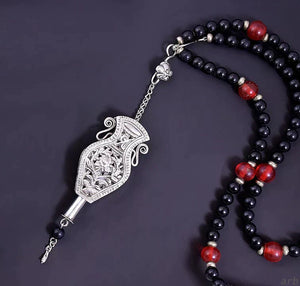 Neat Chinese Export Silver Necklace w/ Big Pendant and Black, Red, Silver Beads