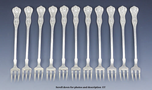 11 Antique Sterling Silver Gorham Kings III 1885 Seafood Cocktail Forks