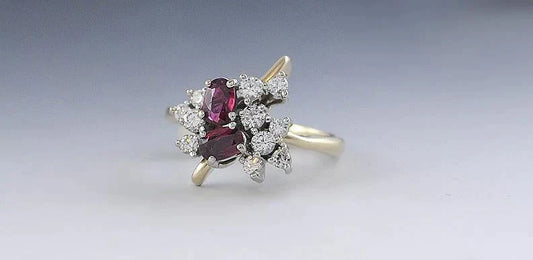 Vintage 14k Yellow Gold Diamond Ruby Gemstone Asymmetrical Ring Artisan Jewelry