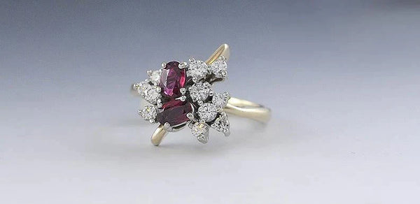 Vintage 14k Yellow Gold Diamond Ruby Gemstone Asymmetrical Ring Artisan Jewelry