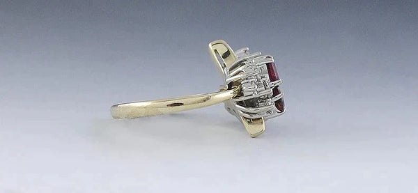 Vintage 14k Yellow Gold Diamond Ruby Gemstone Asymmetrical Ring Artisan Jewelry