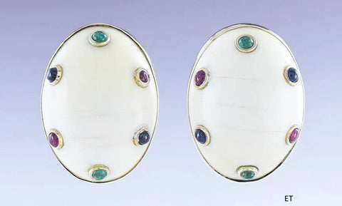 Lovely Pair 14k Gold Ruby Sapphire & Emerald Dome Earrings