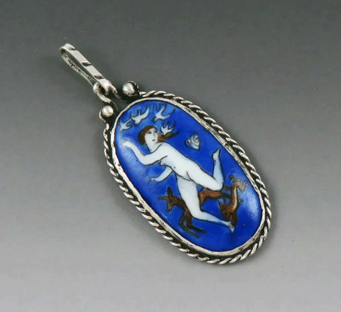 Neat Sterling Silver Hand Painted Porcelain Pendant of Artemis Running Nude
