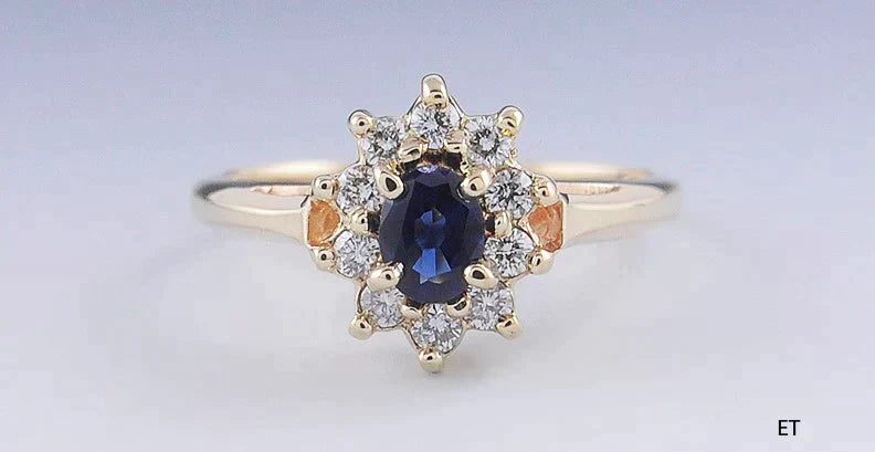 Vibrant Blue Sapphire & Diamond 14k Yellow Gold Cluster Halo Ring Size 5.75