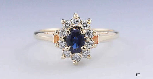 Vibrant Blue Sapphire & Diamond 14k Yellow Gold Cluster Halo Ring Size 5.75