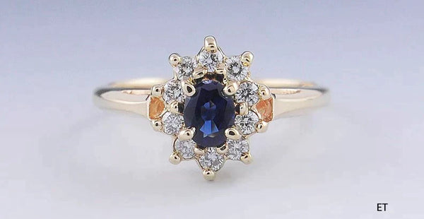 Vibrant Blue Sapphire & Diamond 14k Yellow Gold Cluster Halo Ring Size 5.75