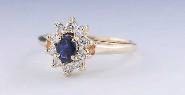Vibrant Blue Sapphire & Diamond 14k Yellow Gold Cluster Halo Ring Size 5.75