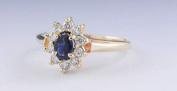 Vibrant Blue Sapphire & Diamond 14k Yellow Gold Cluster Halo Ring Size 5.75