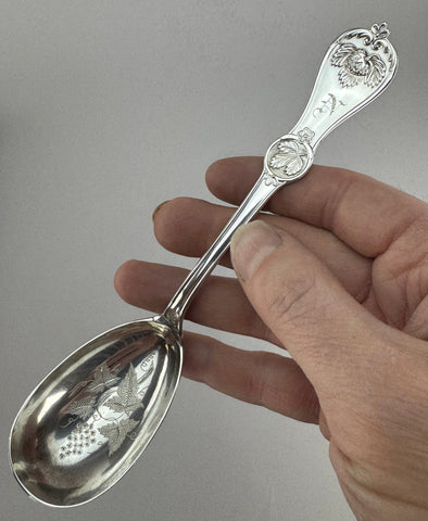 Fine Crisp Durgin Strawberry Coin Silver Serving Spoon 1860 - 70s