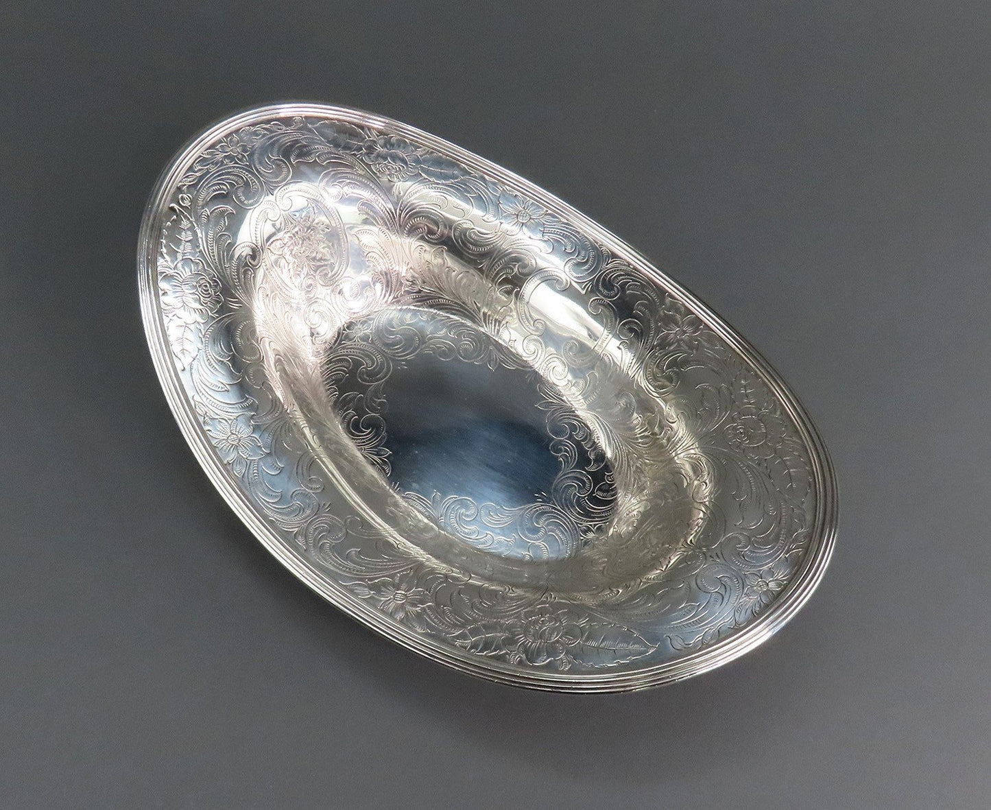 Beautiful Sterling Silver Oval Bowl Hand-Chased Scrolls Flowers c1900 No Mono