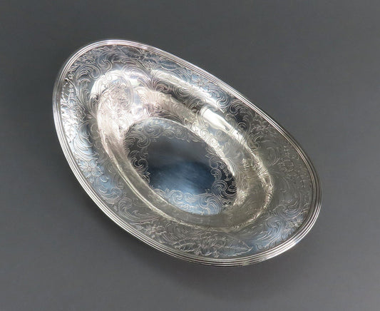 Beautiful Sterling Silver Oval Bowl Hand-Chased Scrolls Flowers c1900 No Mono