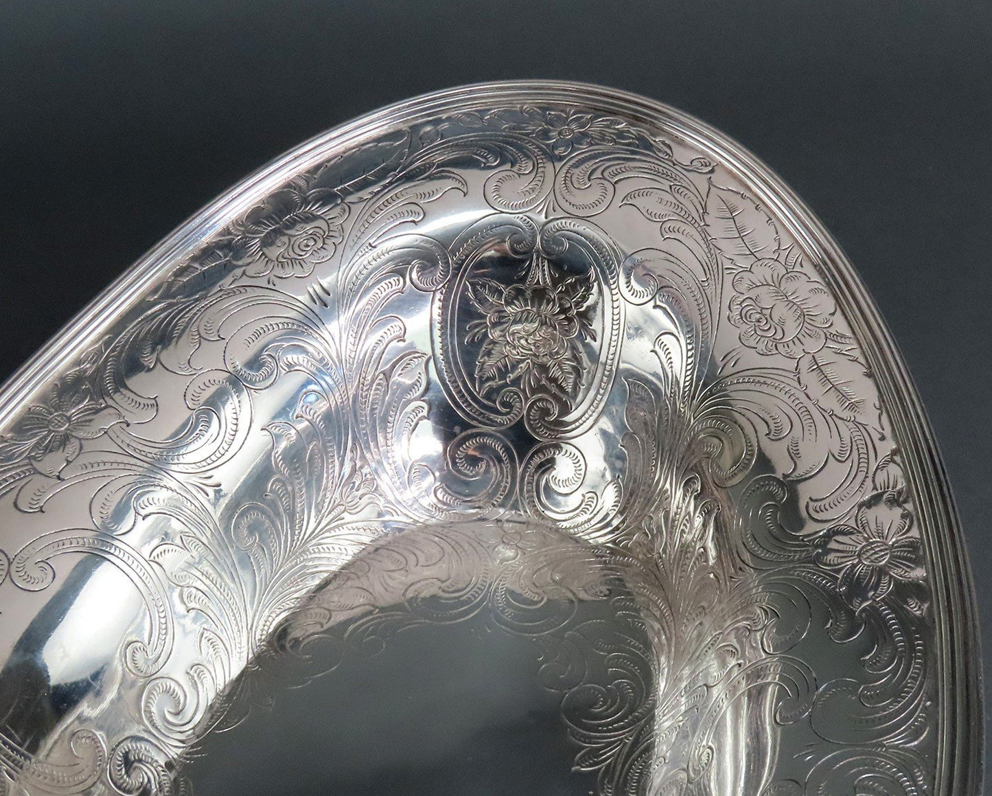 Beautiful Sterling Silver Oval Bowl Hand-Chased Scrolls Flowers c1900 No Mono