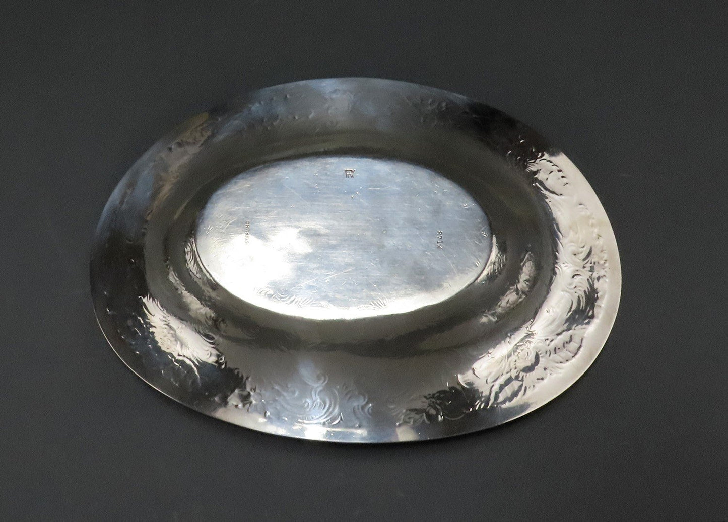 Beautiful Sterling Silver Oval Bowl Hand-Chased Scrolls Flowers c1900 No Mono
