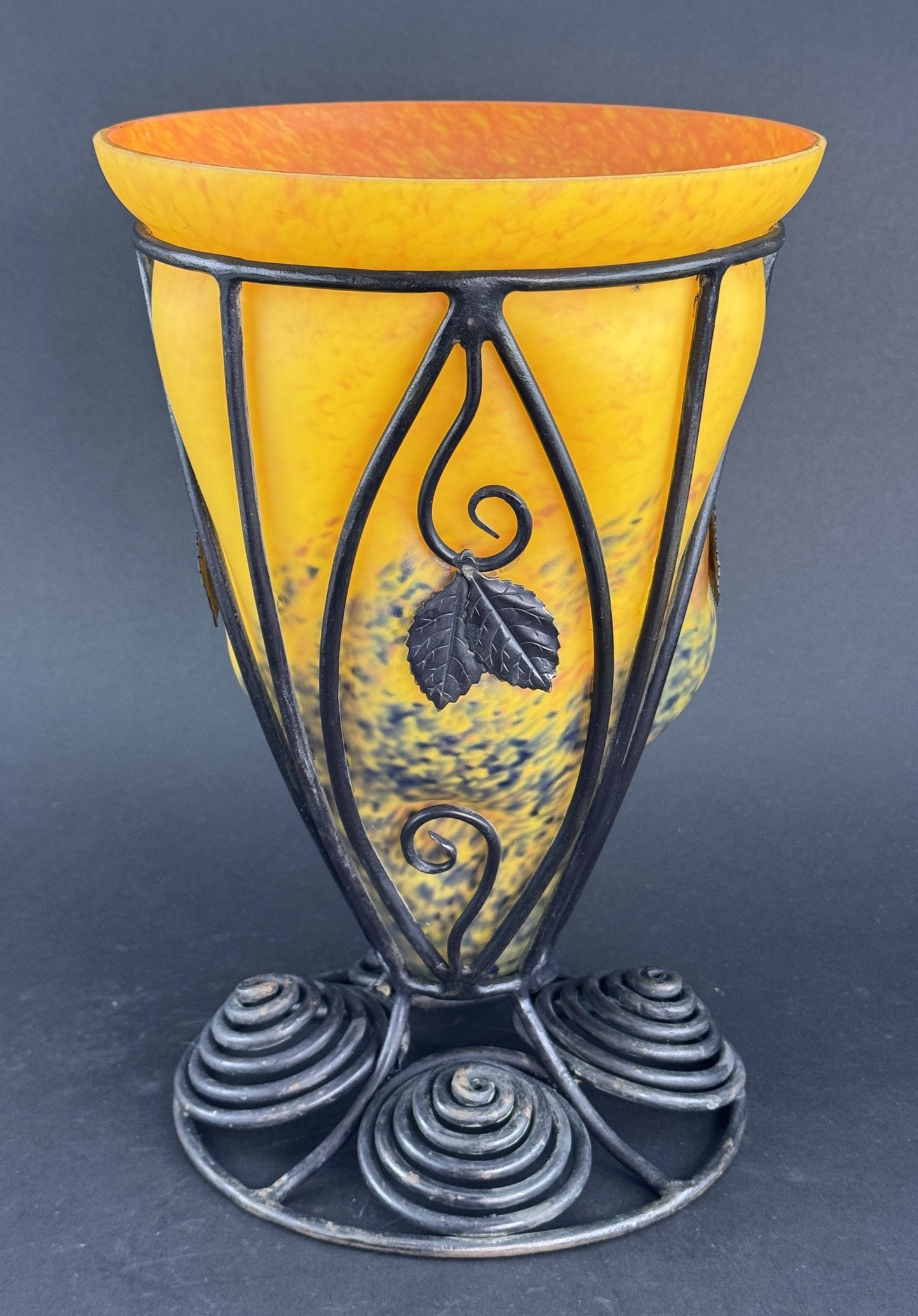Orange Yellow Caged Glass Wrought Iron Art Deco Schneider/La Verre Style Vase