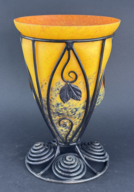 Orange Yellow Caged Glass Wrought Iron Art Deco Schneider/La Verre Style Vase