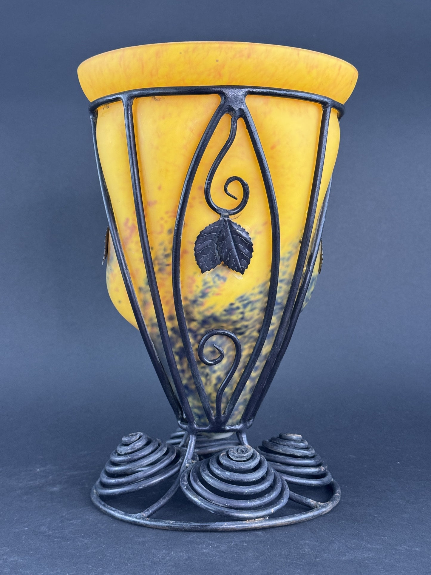 Orange Yellow Caged Glass Wrought Iron Art Deco Schneider/La Verre Style Vase