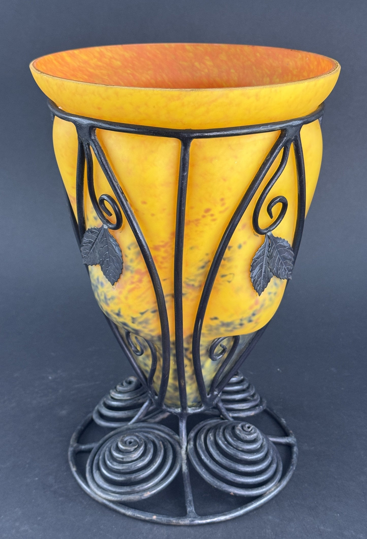 Orange Yellow Caged Glass Wrought Iron Art Deco Schneider/La Verre Style Vase