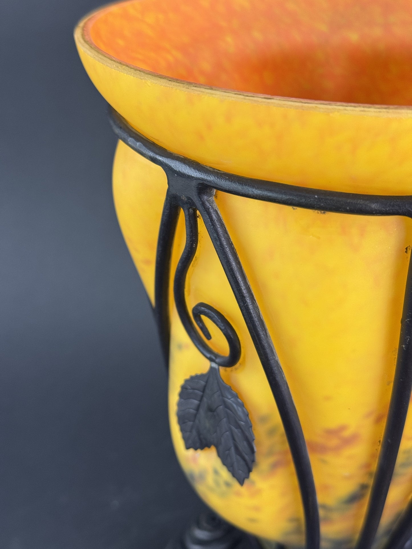 Orange Yellow Caged Glass Wrought Iron Art Deco Schneider/La Verre Style Vase