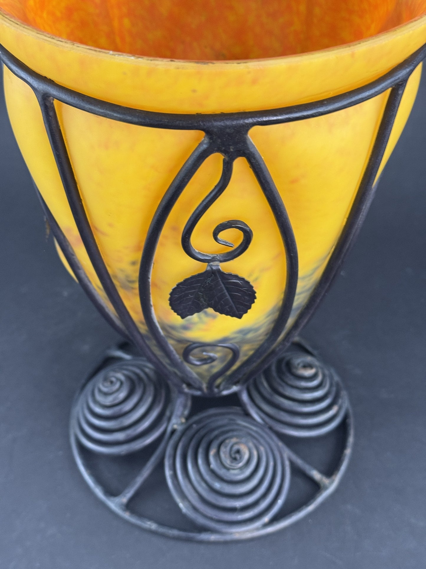 Orange Yellow Caged Glass Wrought Iron Art Deco Schneider/La Verre Style Vase