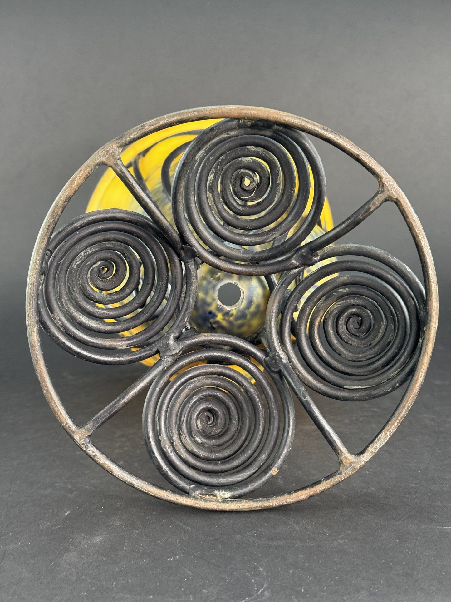 Orange Yellow Caged Glass Wrought Iron Art Deco Schneider/La Verre Style Vase