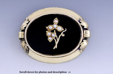 Classic Victorian 14k Gold Onyx Pearl Mourning Brooch/Pin