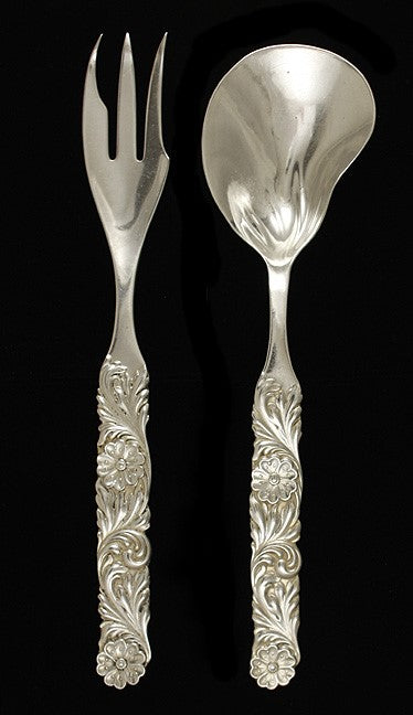 Art Nouveau Silvercraft Sterling Silver Floral Salad Fork Spoon Serving Set