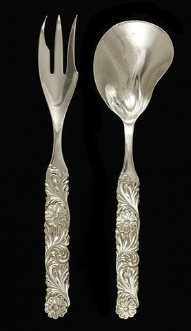 Art Nouveau Silvercraft Sterling Silver Floral Salad Fork Spoon Serving Set