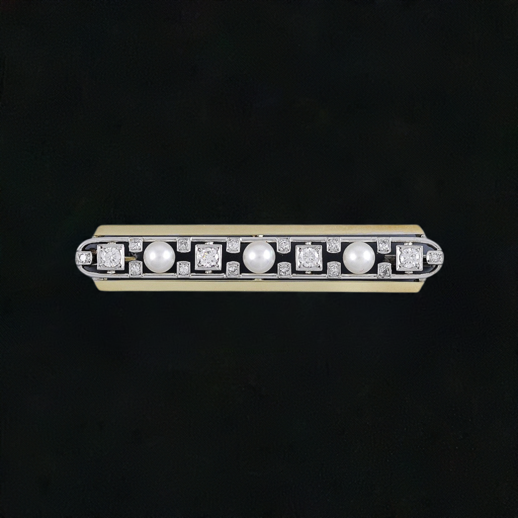 Stunning Retro 14k Gold 2-Tone Diamond Pearl Bar Pin Brooch
