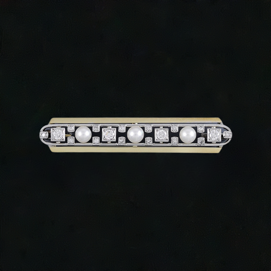 Stunning Retro 14k Gold 2-Tone Diamond Pearl Bar Pin Brooch