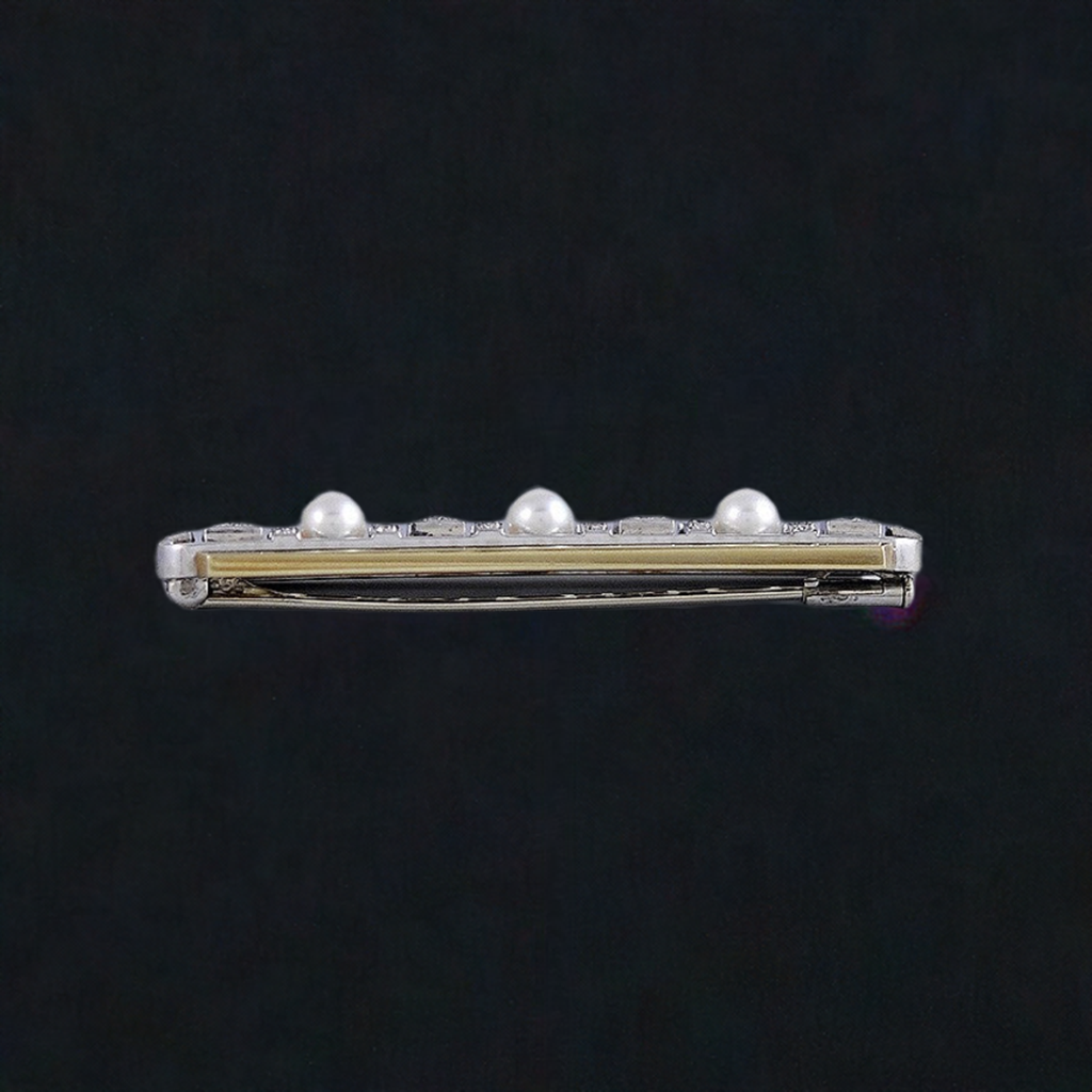 Stunning Retro 14k Gold 2-Tone Diamond Pearl Bar Pin Brooch