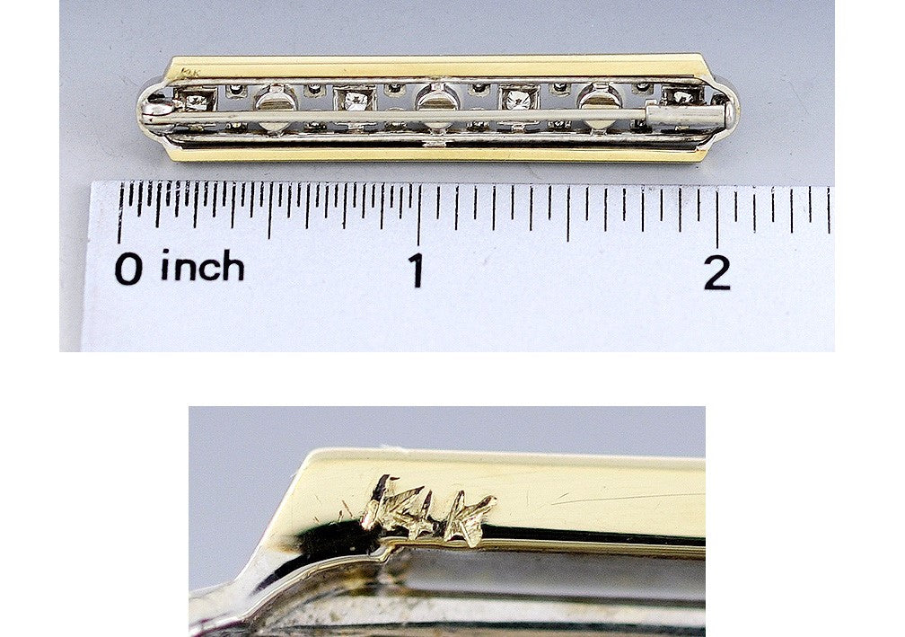 Stunning Retro 14k Gold 2-Tone Diamond Pearl Bar Pin Brooch