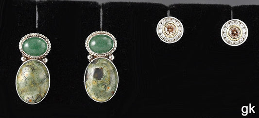 2 Pairs Sterling Silver Genuine Green Stone and CZ Earrings Pierced