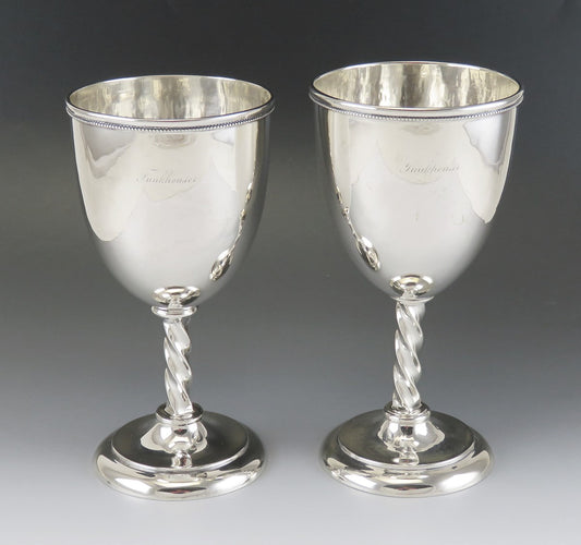 Pair of c1845 Antique American Coin Silver Twisted Stem Goblets