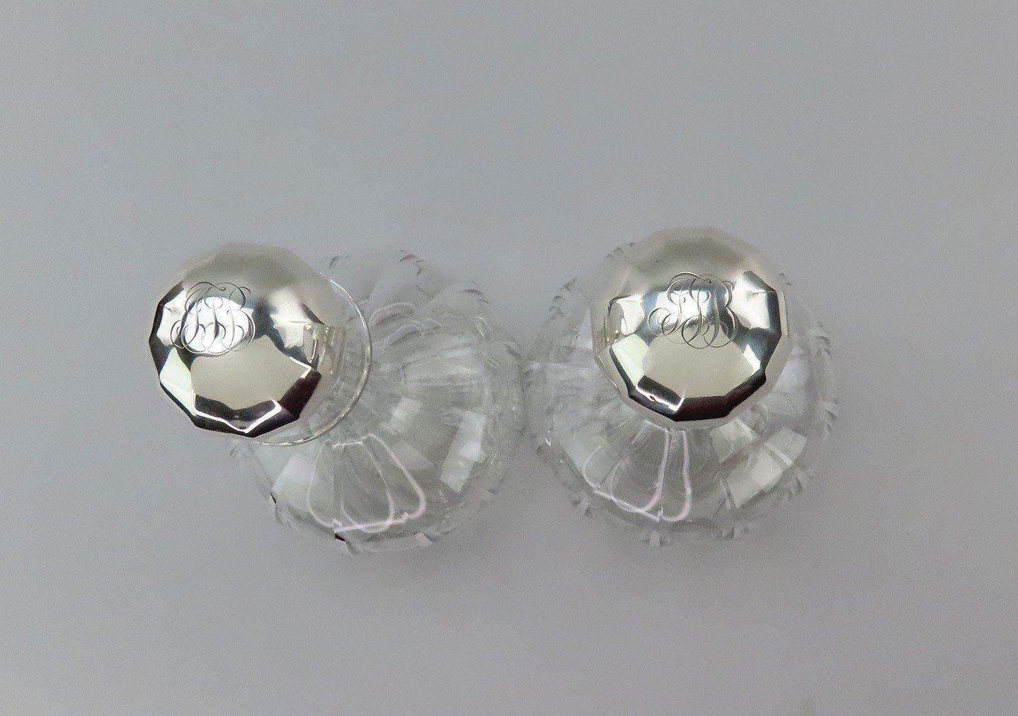 Beautiful 1896 Pair Gorham American Brilliant Cut ABP Decanters Sterling Toppers