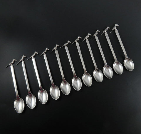 11 Vintage Handmade Peruvian Sterling Silver Parrot Top Demitasse Coffee Spoons