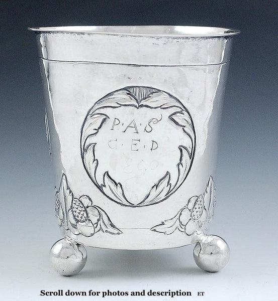 Antique 1670-1720 European Silver Engraved 3 Ball Feet Beaker Cup