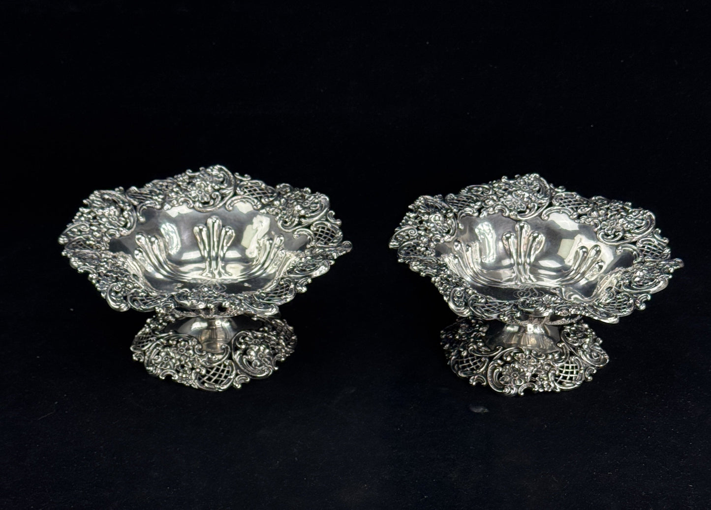 Antique Pair Redlich or Mauser Floral Sterling Silver Compotes