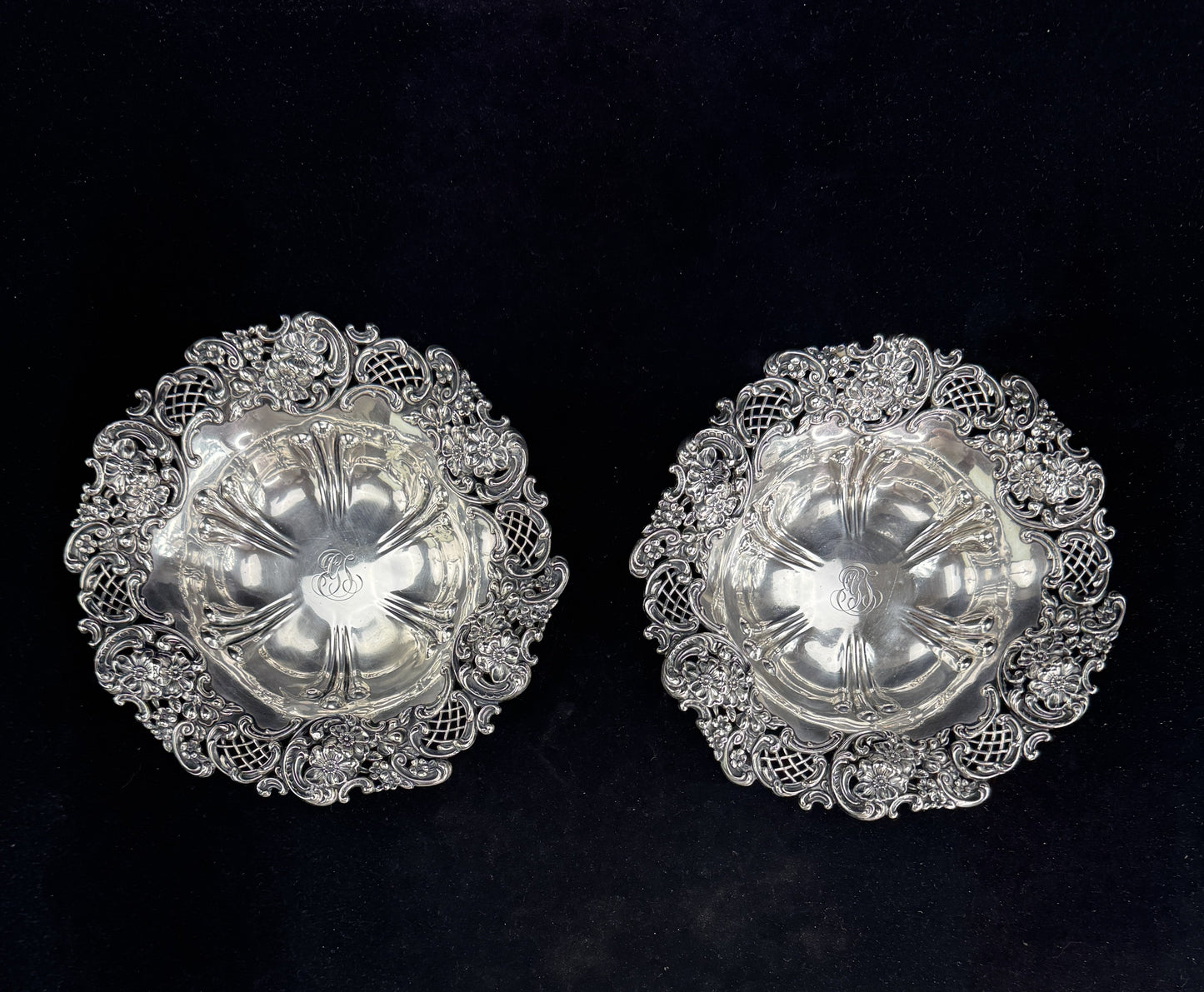 Antique Pair Redlich or Mauser Floral Sterling Silver Compotes
