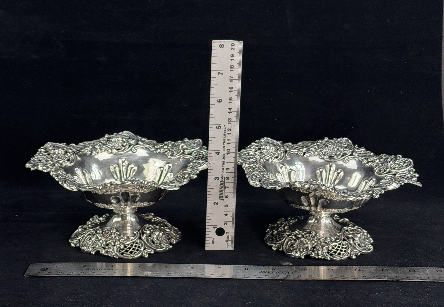 Antique Pair Redlich or Mauser Floral Sterling Silver Compotes