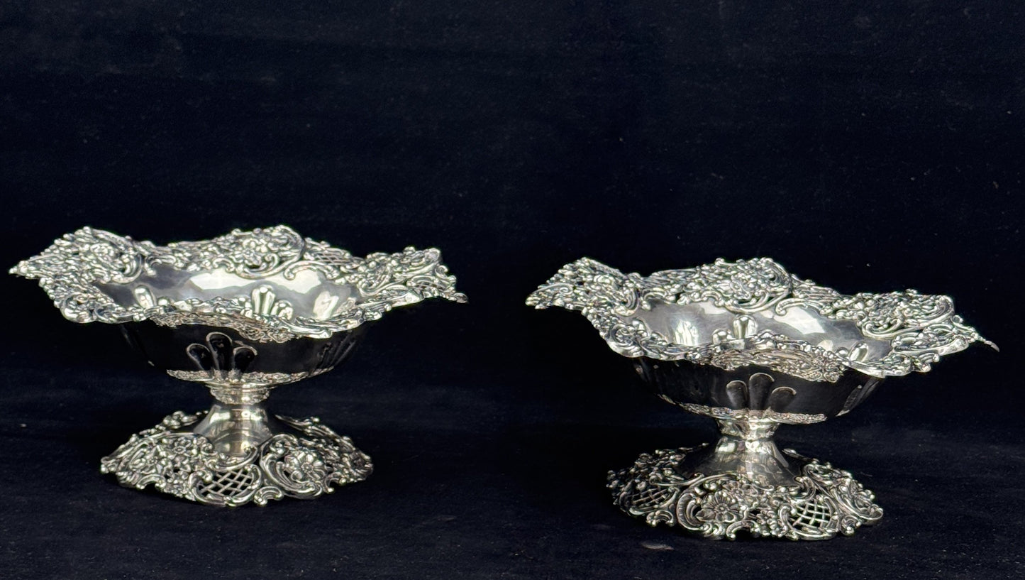 Antique Pair Redlich or Mauser Floral Sterling Silver Compotes