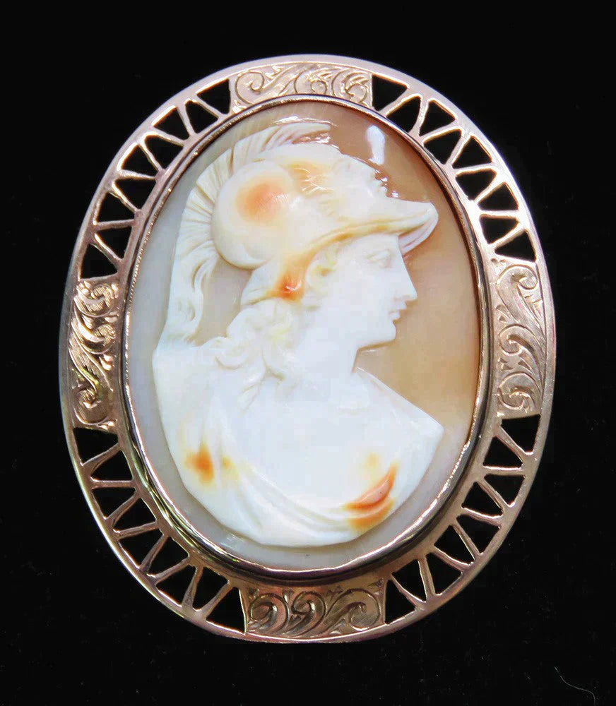 10K Yellow Gold Genuine Carved Cameo Pin/Brooch Minerva Carving Antique
