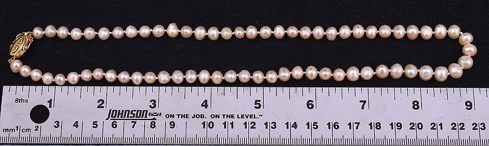 Lovely Nice Length Real Pink-Peach Pearl Necklace w/ Gilt Silver Clasp