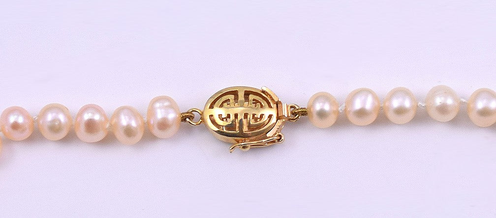 Lovely Nice Length Real Pink-Peach Pearl Necklace w/ Gilt Silver Clasp