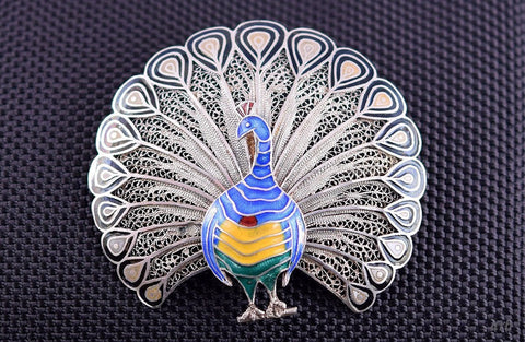 Beautiful Portuguese 833 Purity Silver Enamel Filigree Peacock Brooch Pin