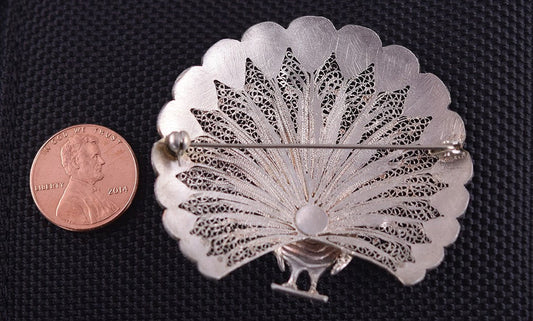 Beautiful Portuguese 833 Purity Silver Enamel Filigree Peacock Brooch Pin