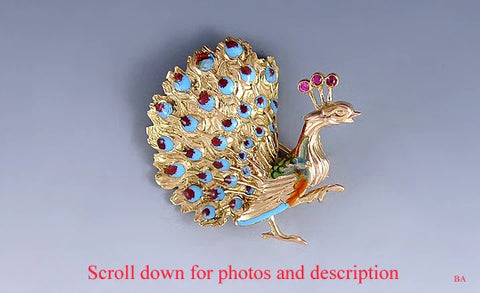 Pretty 18k Gold Colorful Enameled Peacock Pin Brooch