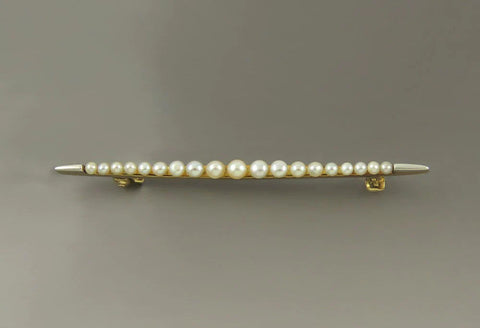 Antique Art Deco 14K Yellow White Gold Natural Pearl Bar Pin Brooch 2 1/4"