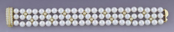 Exquisite 18k Gold & ~1.5ct Diamond Triple Strand 7mm Pearl Bracelet