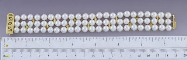 Exquisite 18k Gold & ~1.5ct Diamond Triple Strand 7mm Pearl Bracelet