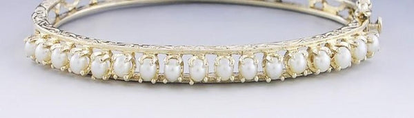 Beautiful Vintage 14k Gold & Pearl Engraved Bangle Bracelet